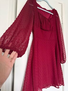 SHEIN Burgundy Swiss Dot Midi Dress with Sheer Bishop Sleeves